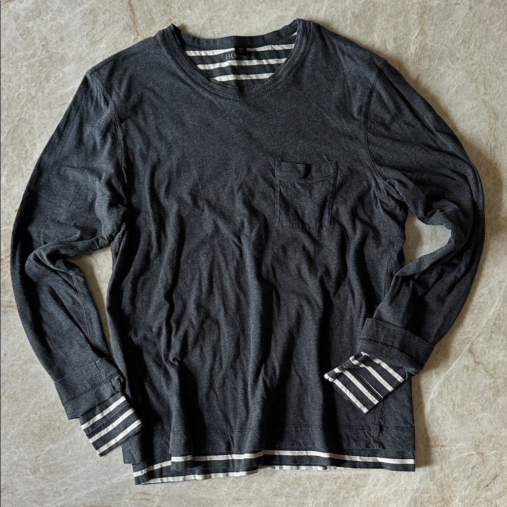 Hugo BOSS Mens Reversible Gray & Stripe Long Sleeve Mens Tee - Size XL